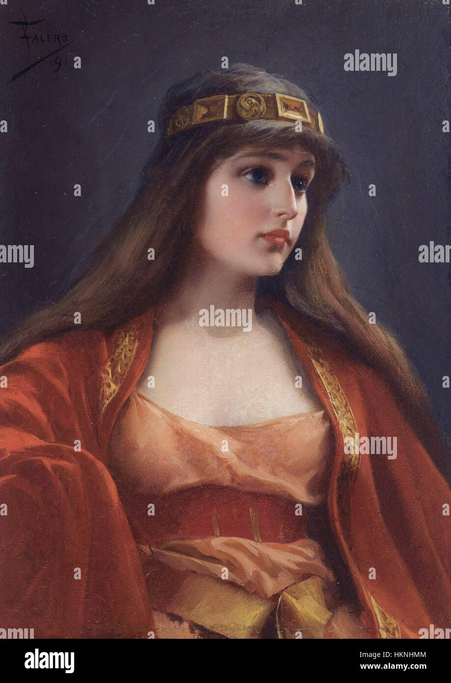 Ce portrait d'une bédouine par l'artiste Falero combine un pinceau délicat et une profondeur culturelle, capturant l'essence du patrimoine bédouin. La peinture présente des détails complexes typiques du style romantisé de l'artiste. Banque D'Images