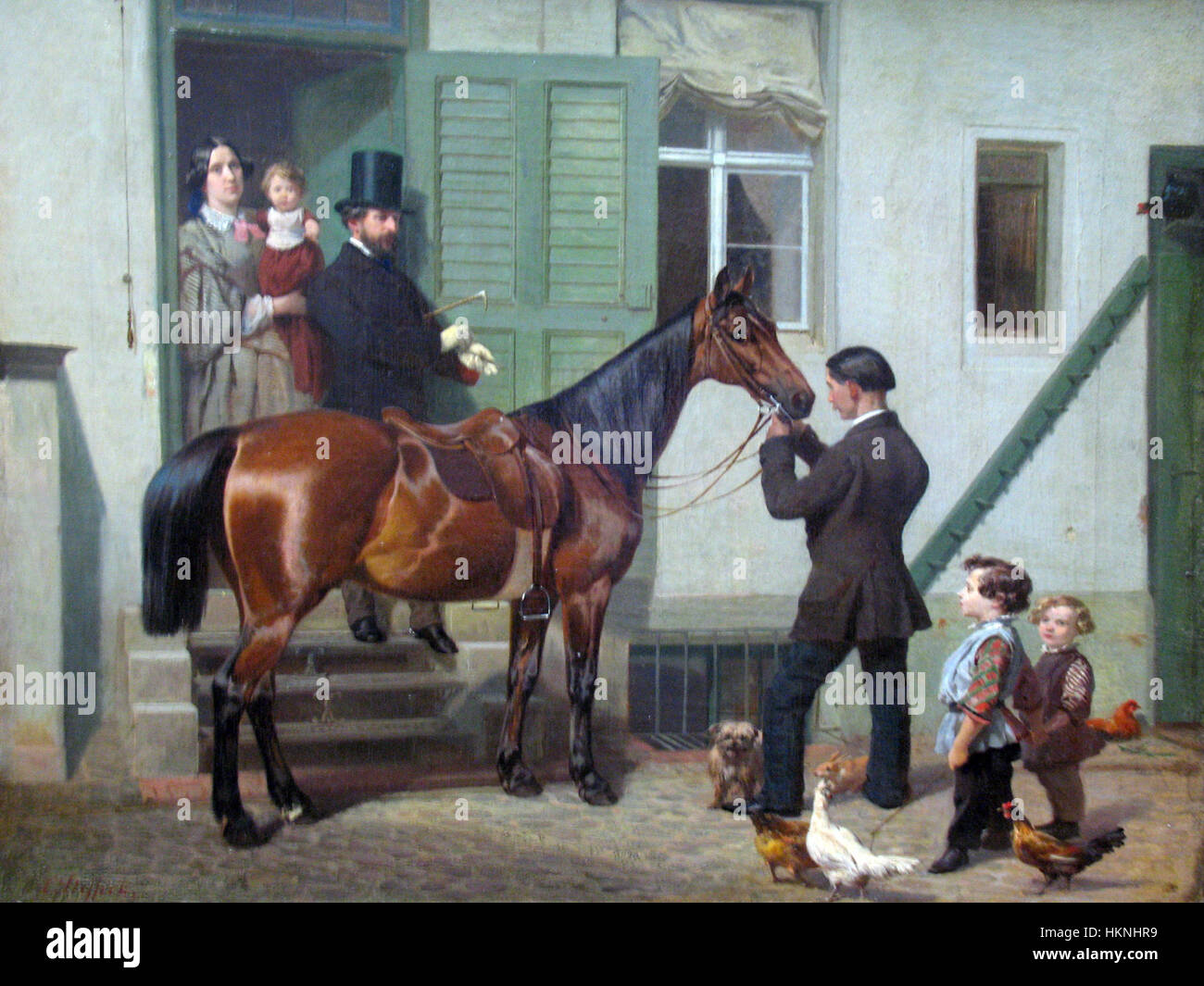 Cette peinture de Steffeck de 1857, intitulée 'Ausritt des Kuenstlers', représente une promenade à cheval de l'artiste. La pièce capture le mouvement dynamique et le paysage pittoresque, mélangeant la figure du cavalier avec l'environnement naturel. Banque D'Images