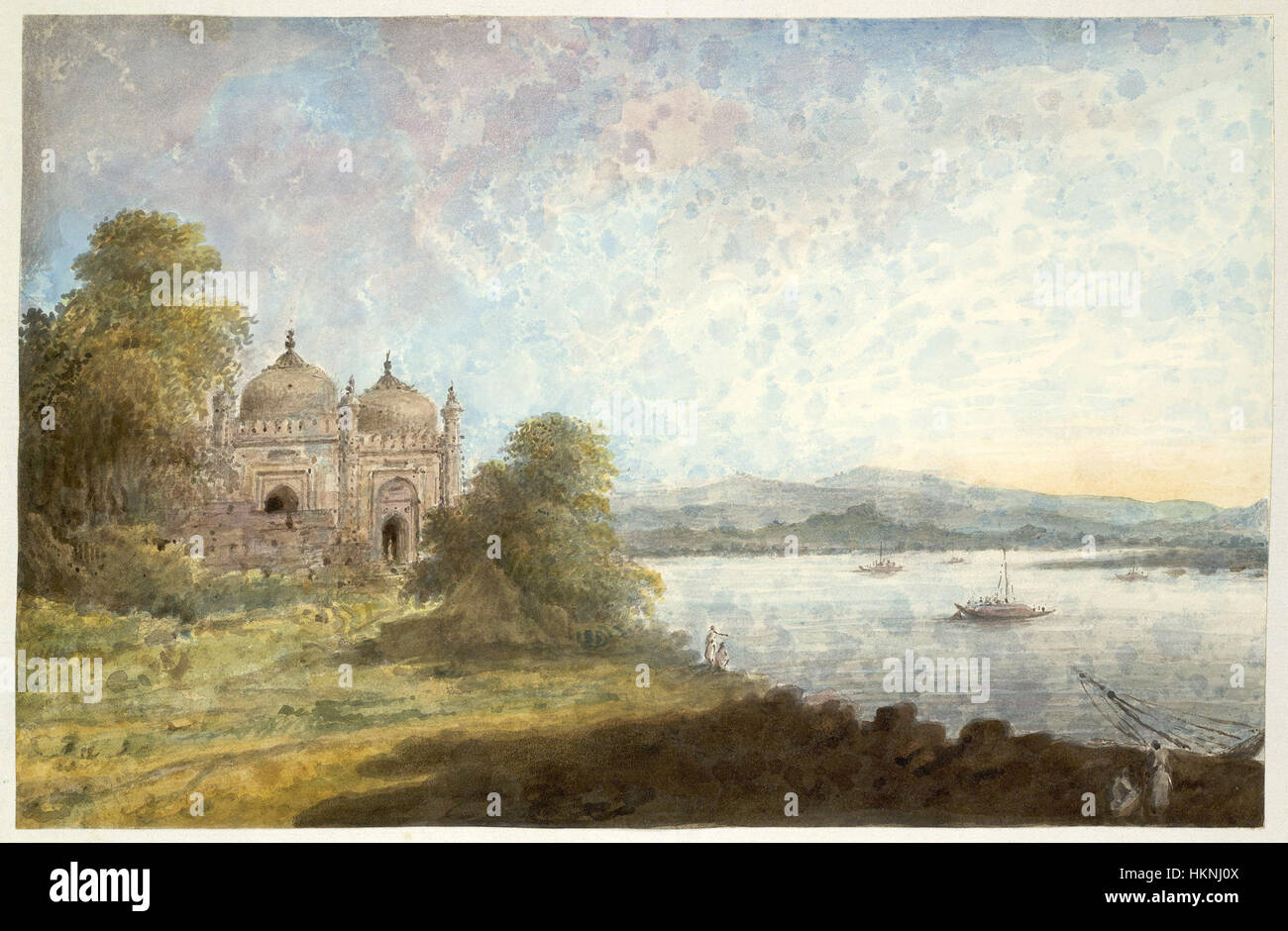 Cette peinture, intitulée 'Mosquée Akbari surplombant le Gange', créée par Sita Ram en 1804, illustre la grandeur de la mosquée Akbari située près du Gange. L'œuvre d'art met en valeur les caractéristiques architecturales de la mosquée avec pour toile de fond le fleuve sacré, capturant le mélange des traditions artistiques islamiques et indiennes de l'époque. Banque D'Images