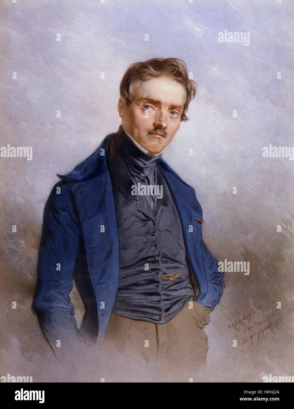 La représentation d’Antoine-Louis Barye par Charles Camino met en valeur l’artiste français connu pour ses sculptures d’animaux. La peinture capture le style expressif de Barye et son engagement profond avec les formes animales, caractéristiques de sa vision artistique. Banque D'Images