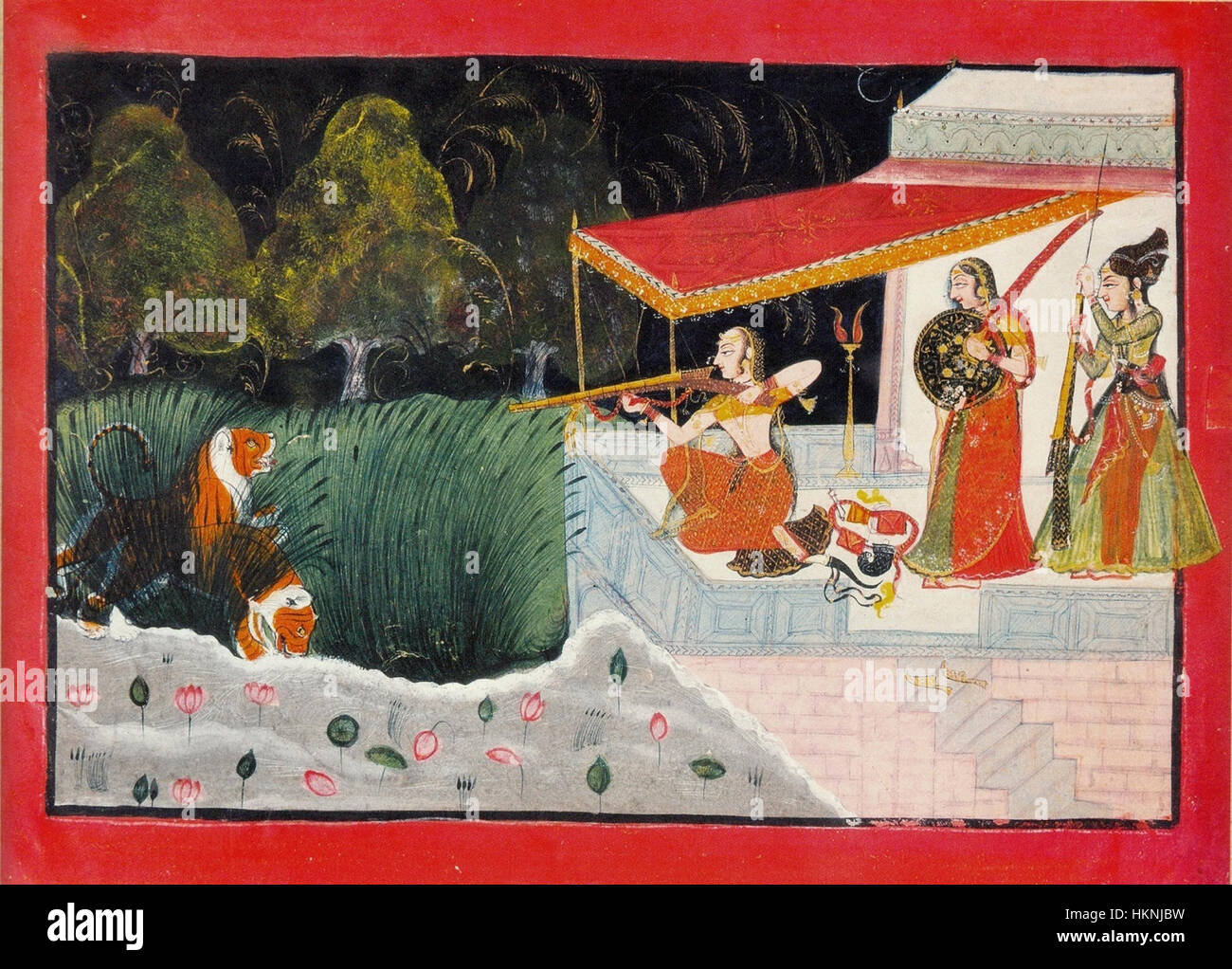 Cette peinture des années 1750-60, intitulée « Ladies Hunting », représente une scène de femmes aristocratiques engagées dans des activités de chasse à Kota, en Inde. L'œuvre reflète les pratiques culturelles et sociales de l'époque dans la royauté indienne. Banque D'Images