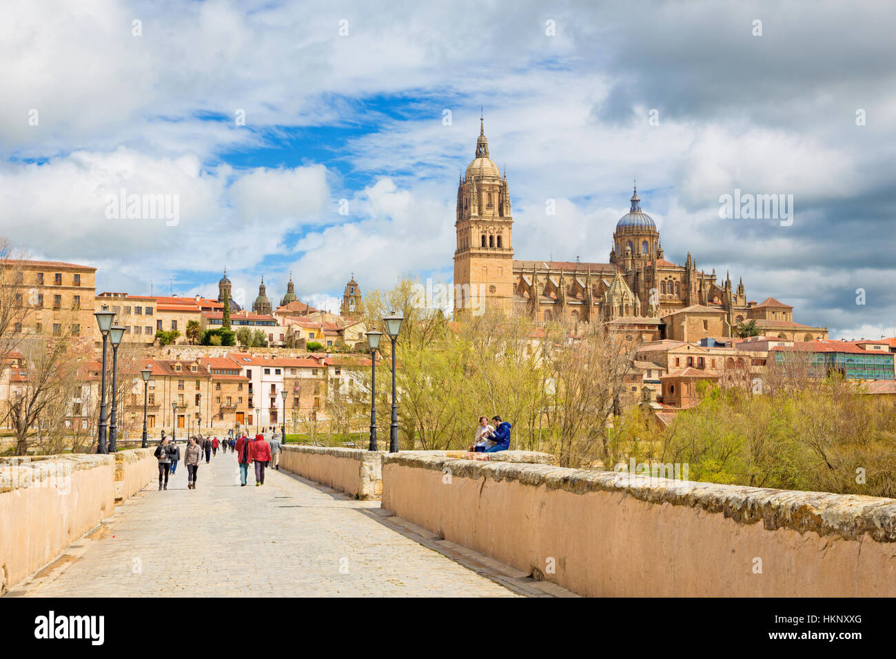 Salamanque, Espagne, Avril - 17, 2016 : la cathédrale et le pont Puente Romano sur le Rio Tormes river. Banque D'Images