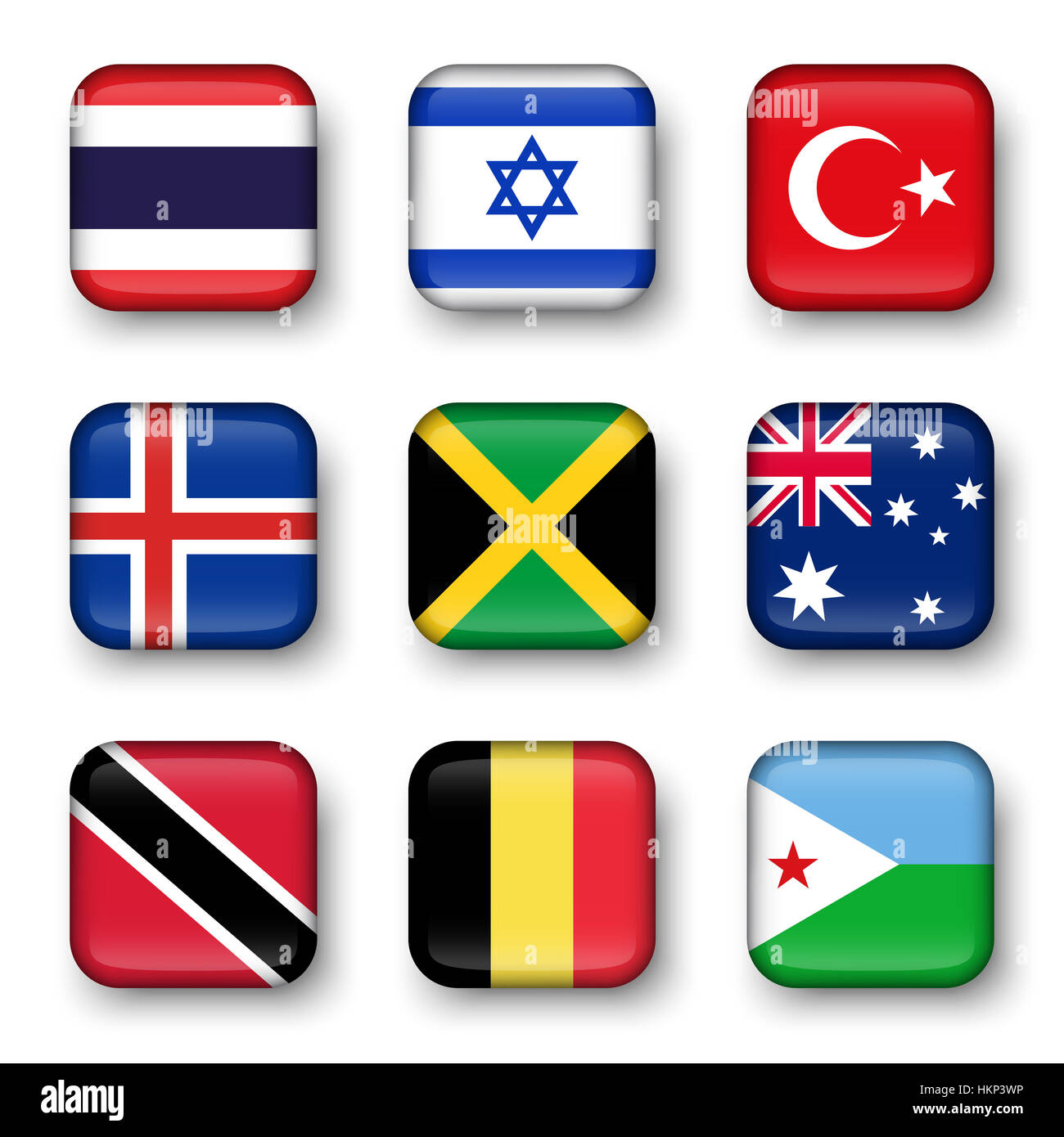 Ensemble de drapeaux du monde badges quadrangulaire ( Thaïlande . Israël . La turquie . L'Islande . La Jamaïque . L'Australie . Trinité-et-Tobago . Belgique . Djibouti ) Banque D'Images