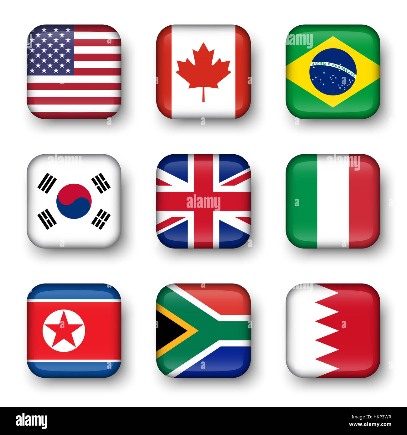 Ensemble de drapeaux du monde badges quadrangulaire ( USA . Le Canada . Le Brésil . La Corée du Sud . Royaume-uni de Grande-Bretagne . Italie . La Corée du Nord . L'Afrique du Sud . Banque D'Images