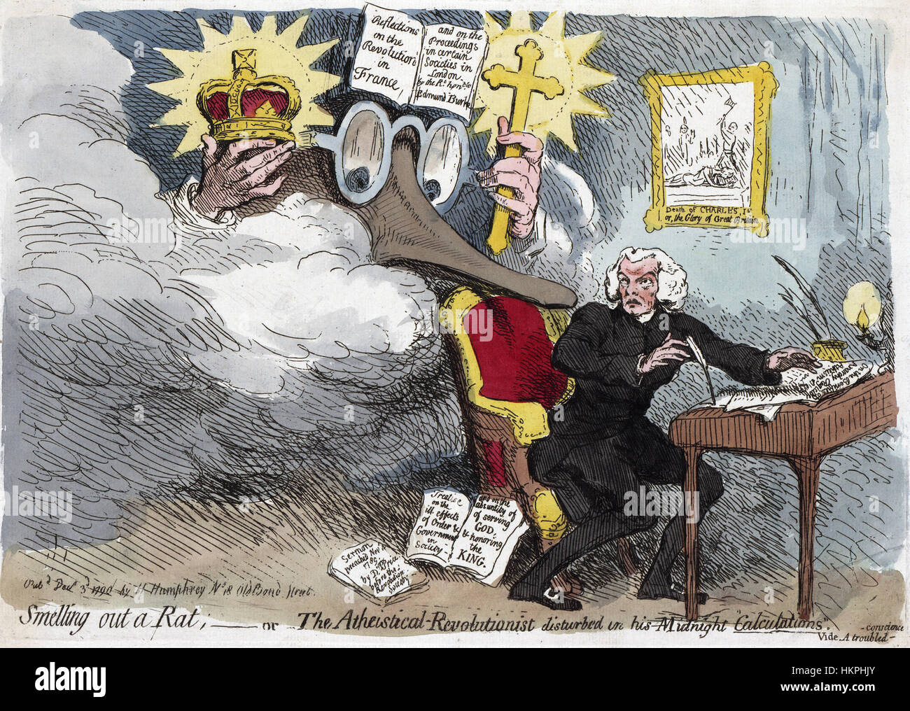 EDMUND BURKE (1729-1797) Homme d'État irlandais satirisé dans un 1790 caricature de James Gillray. Burke's long nez est aiguillonner Dr Richard Price qui écrit un morceau "sur les avantages de l'anarchie." L'athéisme régicide Sur le mur est une photo montrant l'exécution de Charles I Banque D'Images