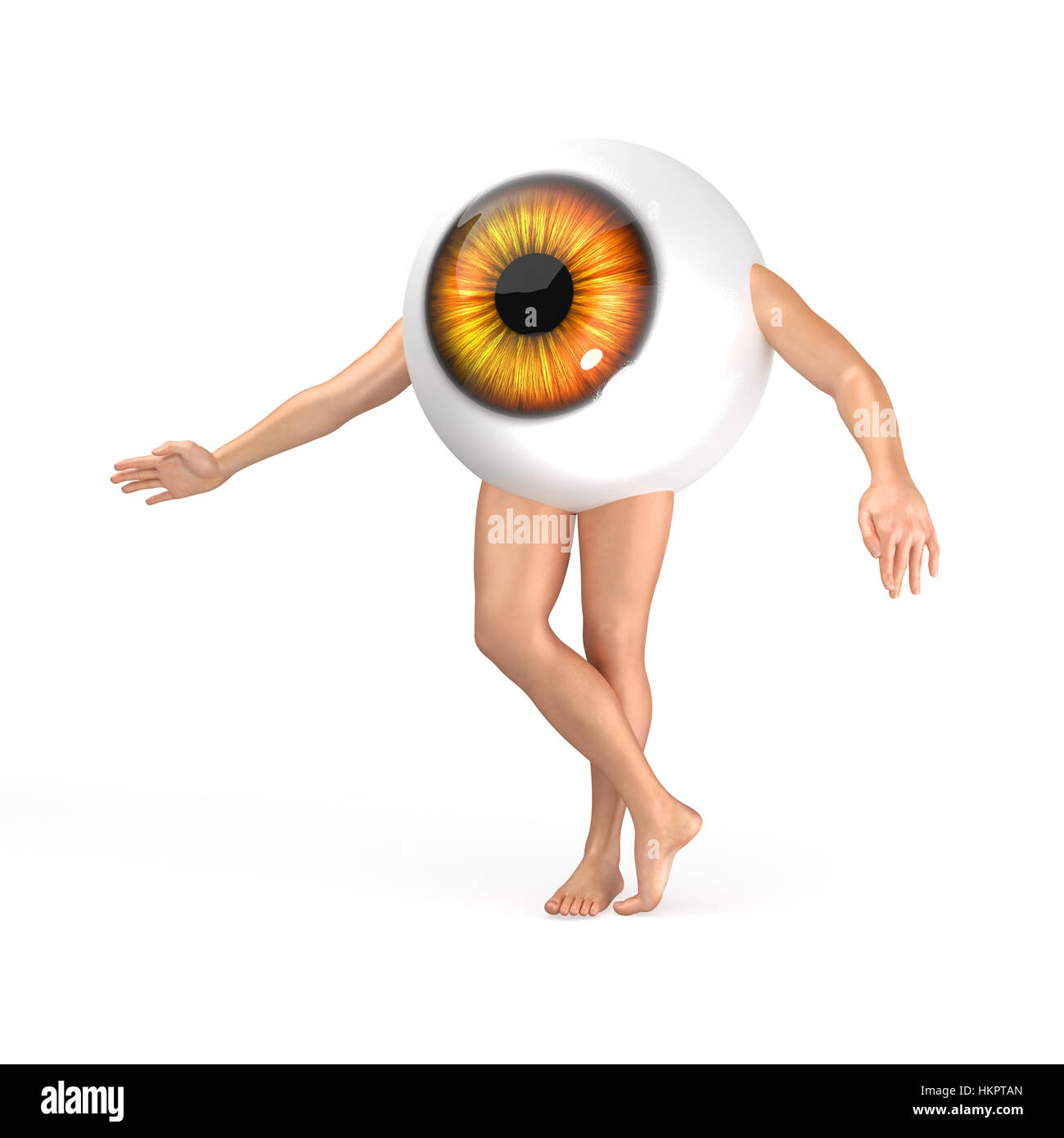 Big orange eye avec bras et jambes debout sur le fond blanc. Illustration de rendu 3D réaliste. Banque D'Images
