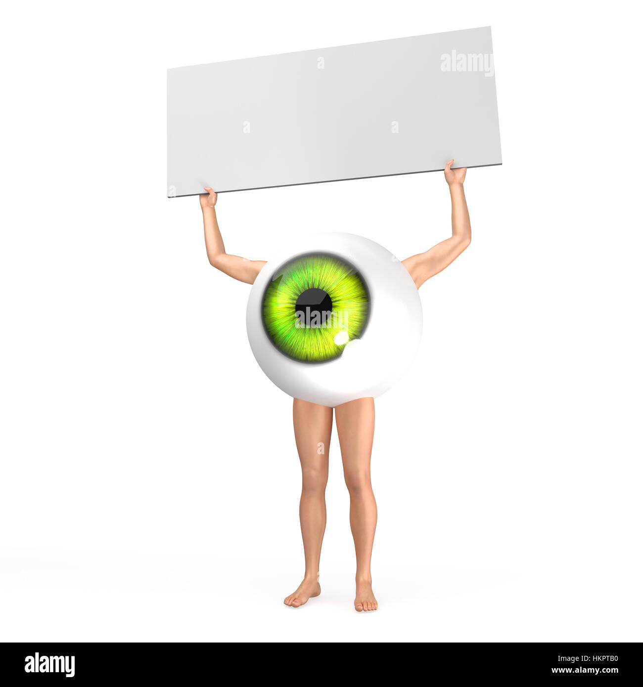 Big Green Eye avec les jambes et les bras et le maintenir debout. de table blanc rendu 3d illustration isolé. l'espace libre pour votre texte. Banque D'Images