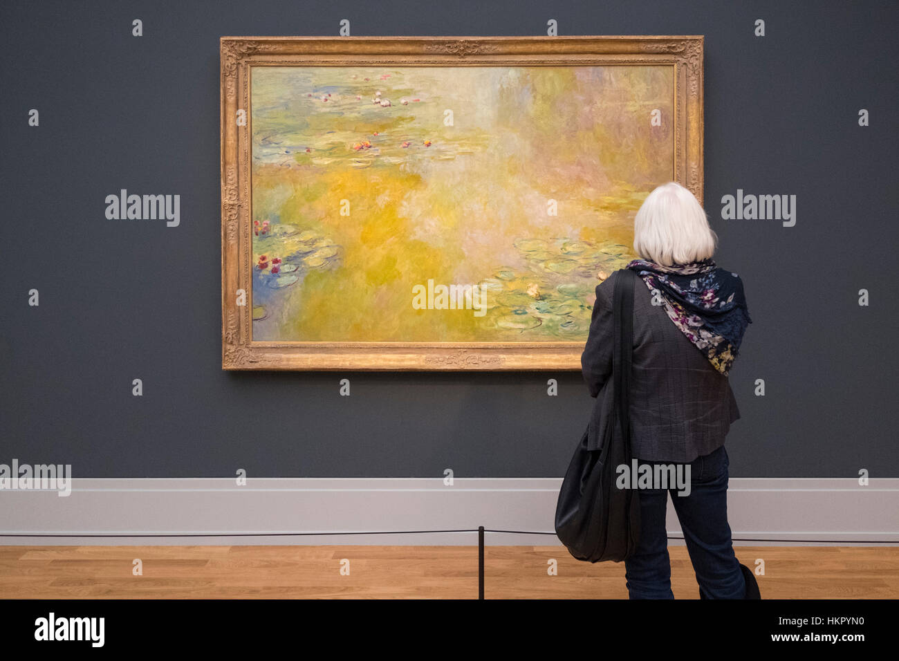 Visiteur à la peinture à l'eau, l'Étang aux Nymphéas de Claude Monet, au nouveau Musée Barberini à Potsdam en Allemagne Banque D'Images