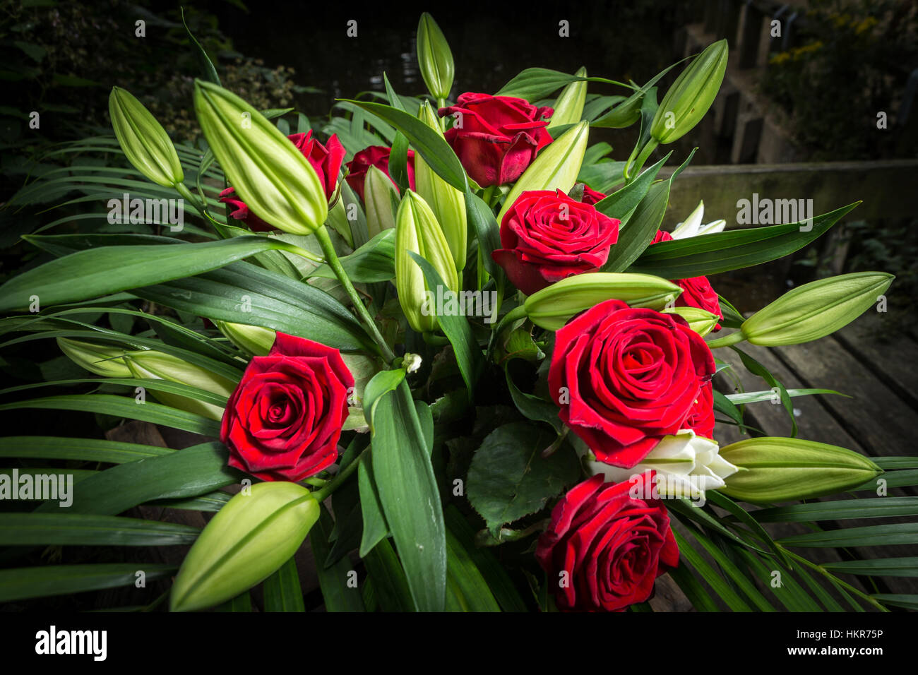 Roses rouges, des lys et des fleurs de palmier Banque D'Images