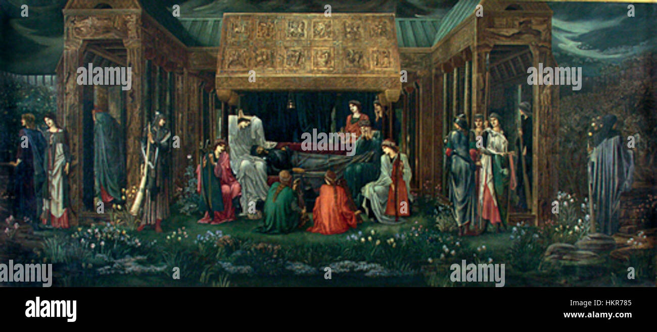 Le dernier sommeil d'Arthur de Burne-Jones à Avalon représente le légendaire roi Arthur dans son dernier repos après la bataille de Camlann. La peinture à l'huile reflète l'habileté de Burne-Jones à transmettre des thèmes mythologiques à travers des images détaillées et dramatiques dans un style préraphaélite. Banque D'Images
