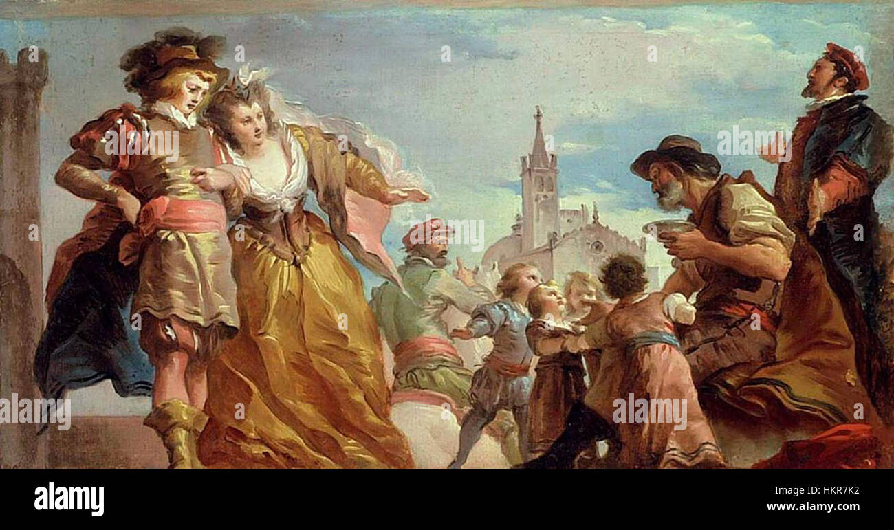 Le tableau de Giuseppe Cades, « la rencontre de Gautier, comte d'Anvers, et de sa fille, Violante », créé à la fin du XVIIIe siècle, représente un moment important de l'aristocratie européenne. La scène est remplie de profondeur émotionnelle, capturant la haute société de l'époque. Banque D'Images