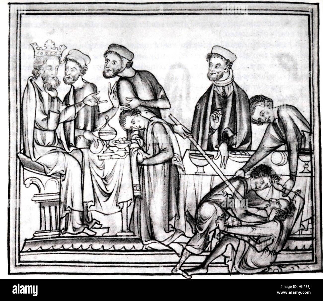 Ce tableau, intitulé 'Harold et Tostig', illustre une scène historique de la période médiévale. La représentation capture les détails complexes de la tenue vestimentaire du XIe siècle et les rôles des personnages dans l'histoire anglaise. Banque D'Images