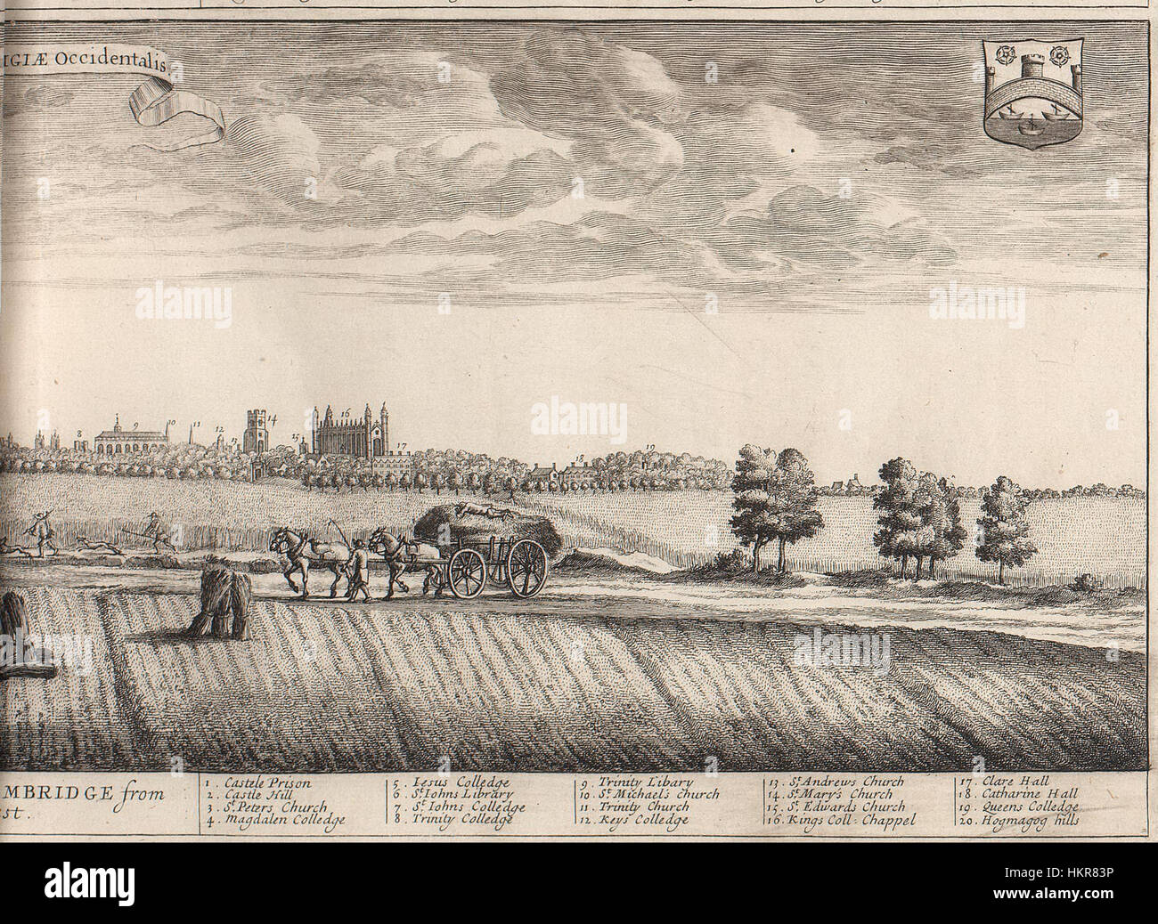 Cette gravure, 'Cambridge from the West' de Loggan, offre une vue détaillée de la ville universitaire du 17ème siècle, capturant le paysage et l'architecture de l'époque, reflétant le style artistique et l'environnement urbain de l'époque. Banque D'Images