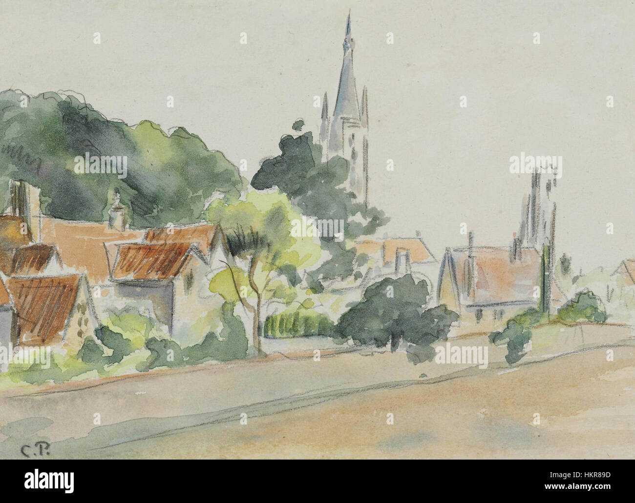 'All Saints' Church, Beulah Hill' par Camille Pissarro capture une vue sereine de l'église avec les arbres environnants et les paysages. Connu pour son style impressionniste, Pissarro utilise un pinceau vibrant pour transmettre la beauté tranquille de la campagne anglaise, en mettant l'accent sur la lumière, la couleur et l'atmosphère. Banque D'Images