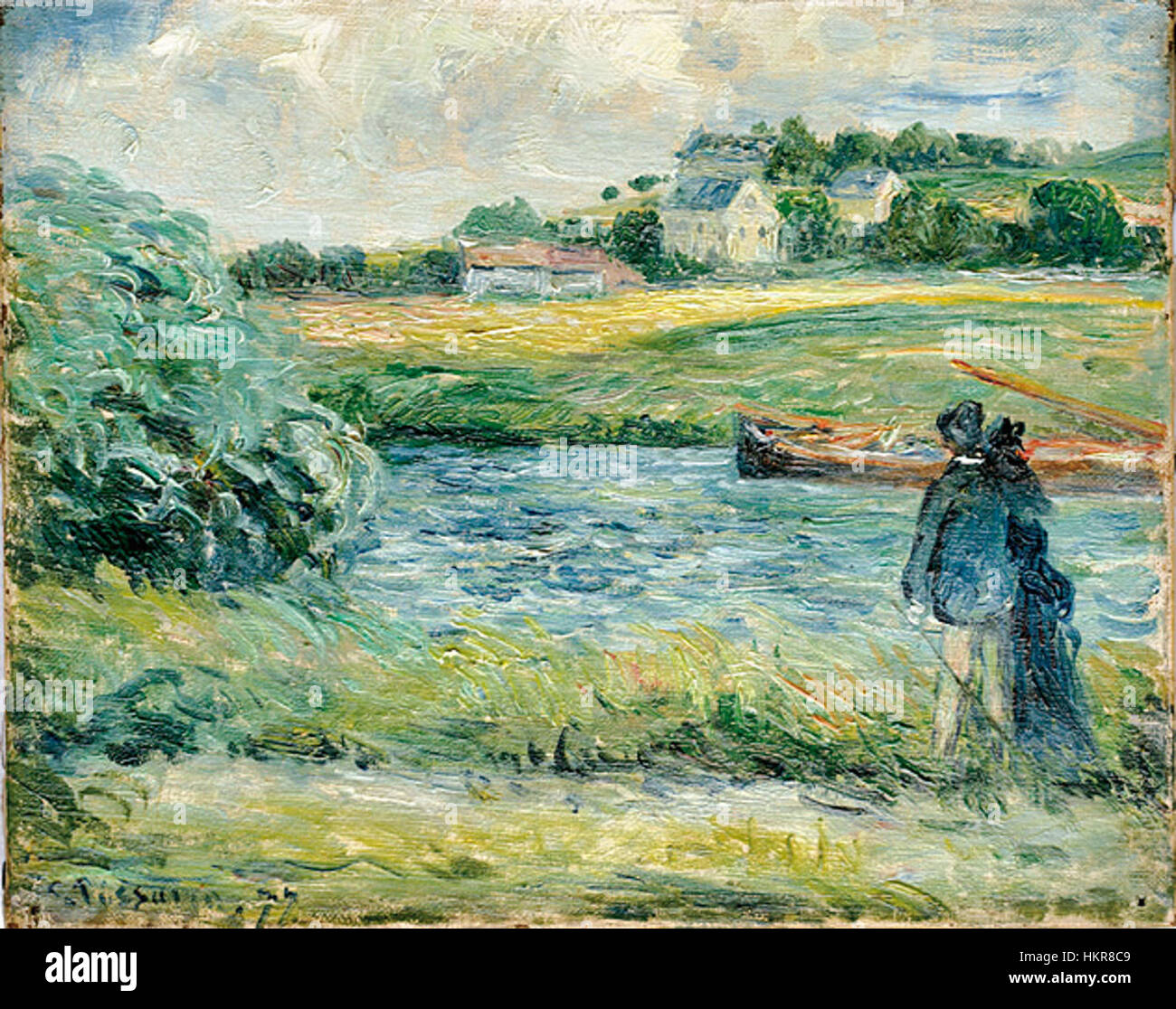 Un tableau de Camille Pissarro de 1877, intitulé 'Promenade au bord de l'eau' à Pontoise. Il capture une scène sereine au bord de la rivière reflétant le style impressionniste de Pissarro. Banque D'Images