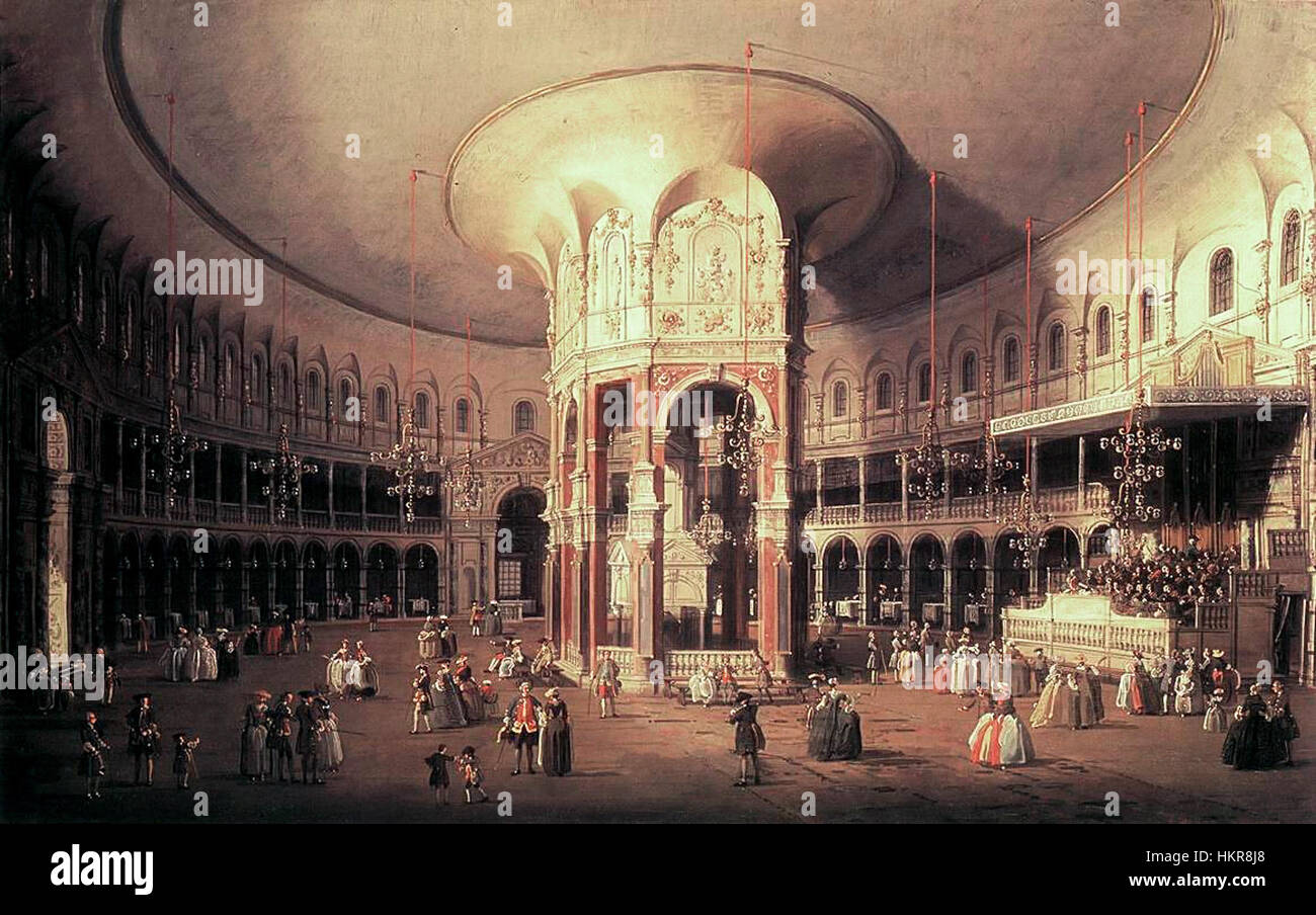 La peinture de Canaletto, Ranelagh, datant de 1754, capture une scène animée en plein air dans les jardins Ranelagh à Londres, mettant en valeur la vie sociale à la mode du XVIIIe siècle et la beauté architecturale des jardins. Banque D'Images