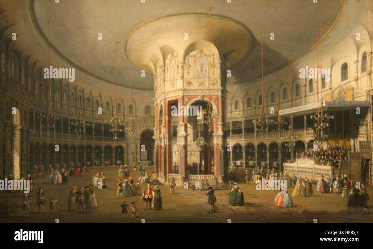 Cette peinture de Canaletto de 1754, intitulée « Ranelegh », capture la beauté pittoresque des jardins de Ranelagh à Londres, en mettant l'accent sur son élégance architecturale et l'atmosphère animée des jardins au XVIIIe siècle. Banque D'Images