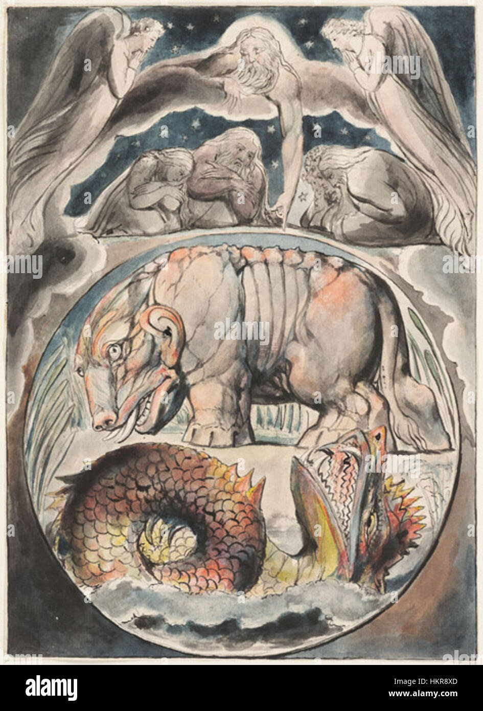Le 'Blake Book of Job Linell Set 15' présente une série d'illustrations de William Blake pour le livre biblique de Job. Cette collection capture l'interprétation artistique unique du texte par Blake, avec des images symboliques dramatiques illustrant les épreuves de Job. Banque D'Images