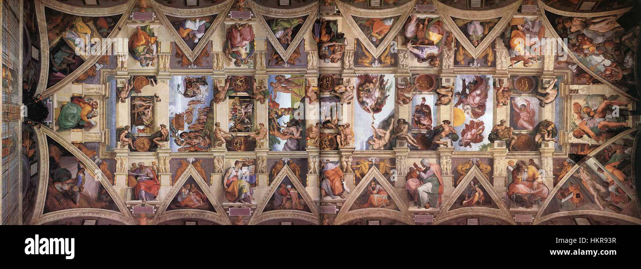Le plafond de la Chapelle Sixtine, peint par Michel-Ange, présente des fresques illustrant des scènes bibliques, dont la Création d'Adam, et est connu pour sa signification artistique et religieuse. Banque D'Images