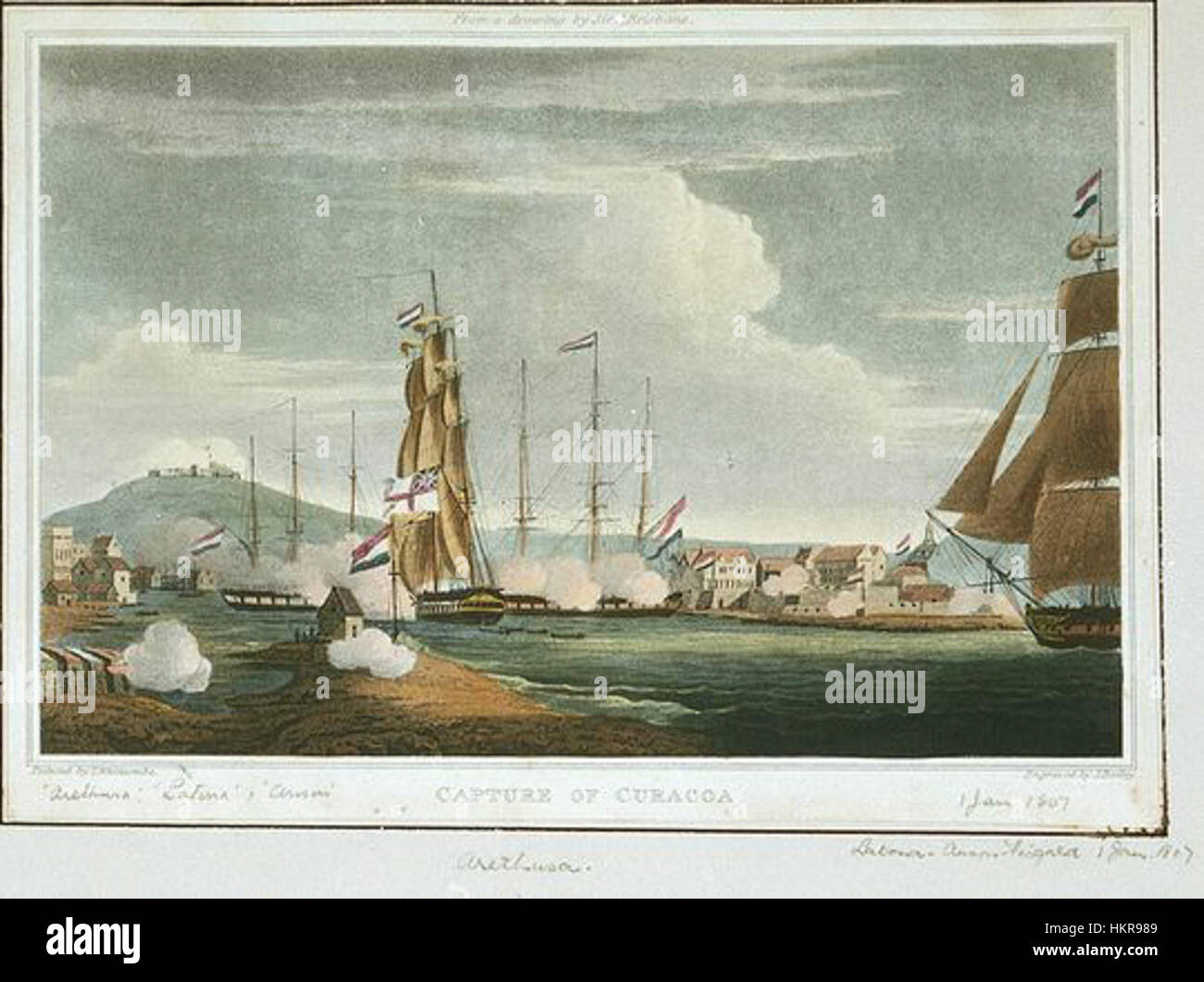 La 'capture de Curaçoa' est une peinture historique représentant une bataille navale au cours du 18ème siècle, où les forces britanniques ont capturé l'île de Curaçao. La peinture met en évidence la stratégie militaire et la dynamique de la guerre navale pendant la période coloniale. Banque D'Images