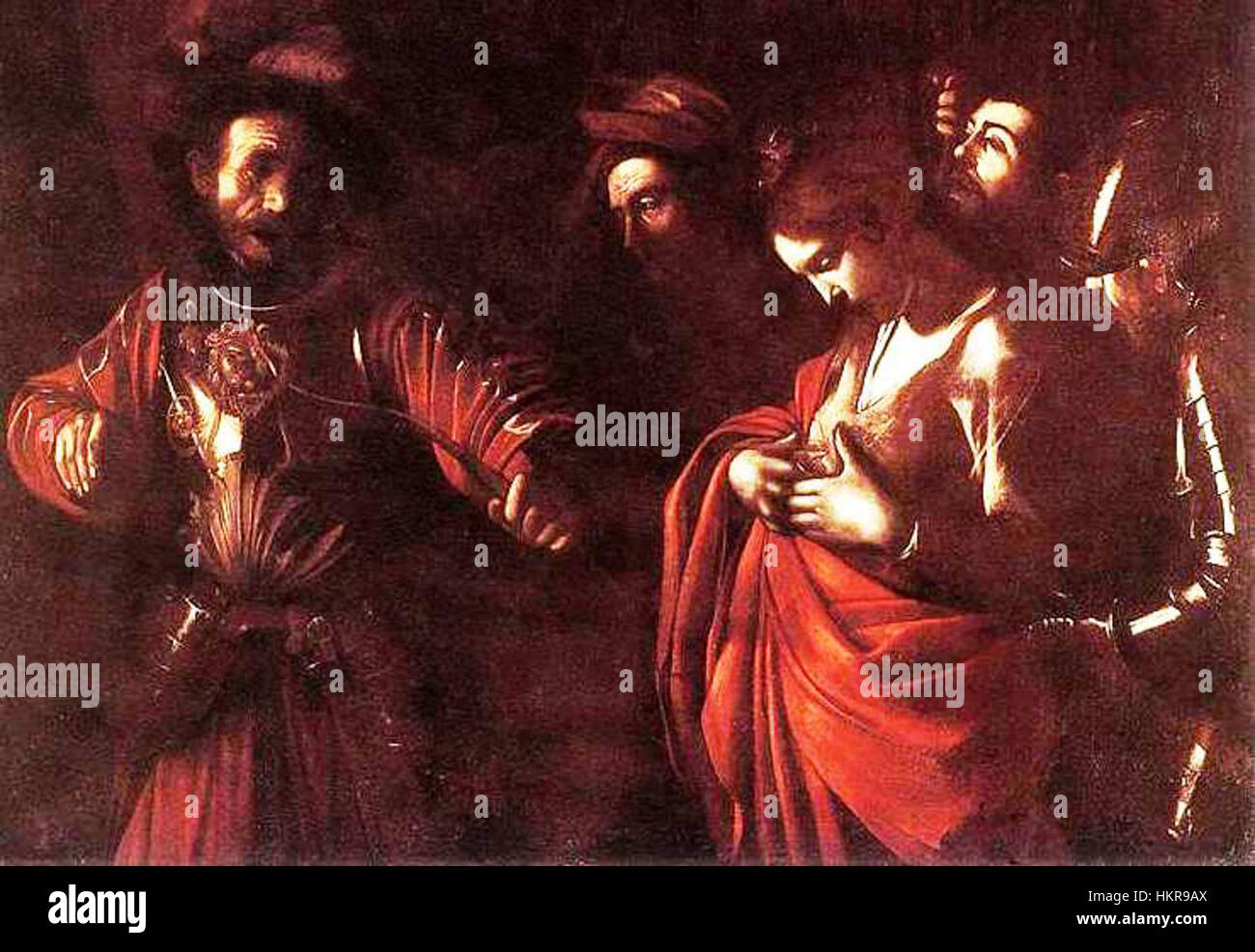 *Ursula* de Caravage est une peinture baroque intense, montrant le moment dramatique du destin d’Ursula. L’utilisation de la lumière et de l’ombre par le Caravage met en évidence la profondeur émotionnelle et le réalisme caractéristiques de son style dans la représentation de sujets bibliques. Banque D'Images