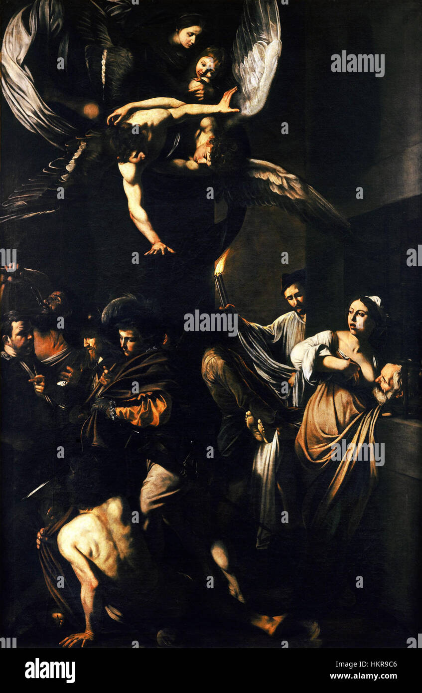 Sette opere di Misericordia (sept œuvres de Misericordia) du Caravage représente sept actes de charité exécutés par les fidèles. L’œuvre est réputée pour son utilisation dramatique de la lumière et de l’ombre, signature du style baroque du Caravage. Banque D'Images