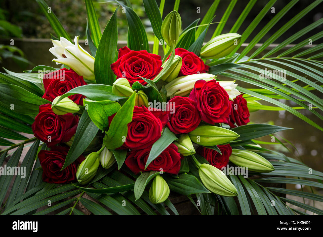 Roses rouges, des lys et des fleurs de palmier Banque D'Images