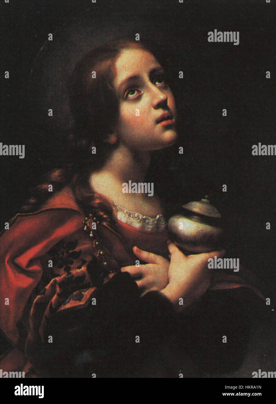 Le travail de Carlo Dolci, connu pour son minutieux détail et ses thèmes religieux, est représenté dans ce tableau du XVIIe siècle. La représentation de Dolci des sujets sacrés avec clarté et des expressions sereines est une caractéristique de son style pendant la période baroque. Banque D'Images