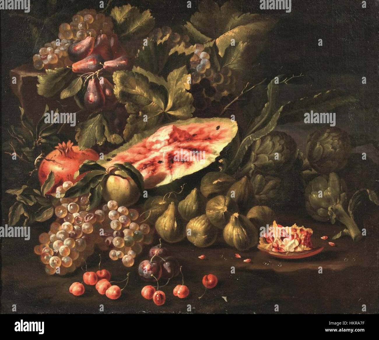 La peinture de natures mortes de Carlo Manieri présente un éventail de fruits, y compris la pastèque et le raisin, rendus avec des détails et un réalisme remarquables. Les couleurs vives et la représentation méticuleuse de la texture démontrent l'habileté de l'artiste à capturer des objets du quotidien dans fine compris Banque D'Images