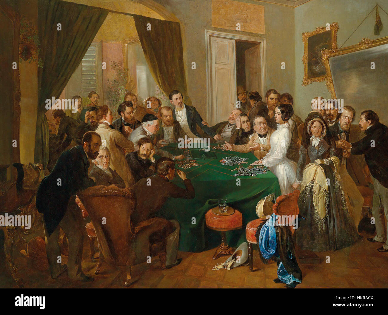 Une œuvre d'art attribuée à Carl d'Unker, illustrant une scène dramatique de l'opéra 'la Traviata'. La peinture capture la tension d'un moment charnière à la table de jeu dans cet opéra emblématique, connu pour sa représentation de l'amour et de la tragédie. Banque D'Images