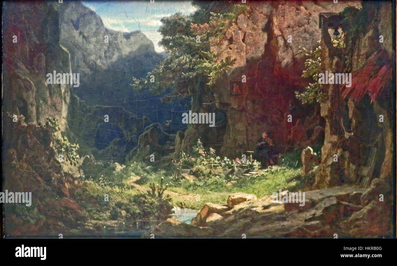 « Einsiedler Violine spielend » de Carl Spitzweg représente une figure solitaire jouant du violon, incarnant l'idéal romantique de la solitude et de l'expression artistique. L’œuvre met en évidence la maîtrise du Spitzweg dans la représentation des émotions humaines et de l’isolement. Banque D'Images