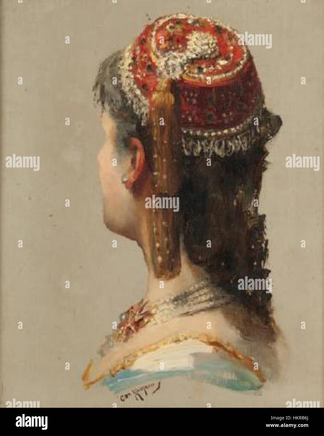 Ce portrait de Caroline de Maupeou la capture portant un chapeau oriental rouge distinctif, reflétant la mode et les influences culturelles de l'époque. L'œuvre met en valeur le pinceau détaillé et l'élégance caractéristique des portraits du XVIIIe siècle. Banque D'Images