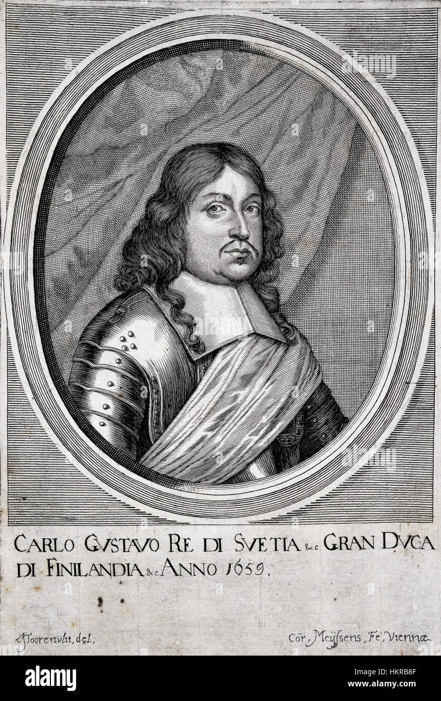 Cette œuvre d'art historique représente Carolus X Gustave, un roi de Suède, capturant son image royale dans un style portrait traditionnel. La peinture à l'huile reflète la grandeur et la signification historique de son règne au XVIIe siècle. Banque D'Images