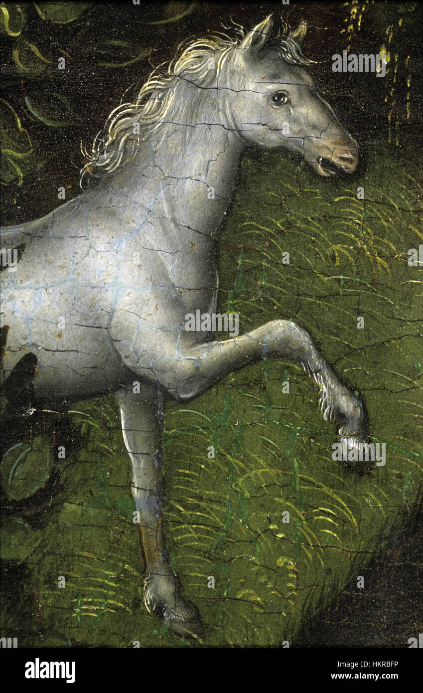 Une image détaillée de la peinture 'Adam et Eve' représentant un cheval. La pièce présente des thèmes classiques, combinant le style naturaliste de l'artiste avec un accent sur les détails fins des figures animales et humaines. Banque D'Images