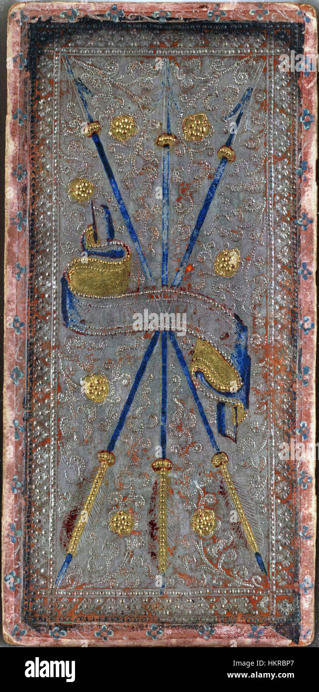 Le « trois de flèches » du jeu de Tarot Cary-Yale représente une représentation symbolique du chagrin d'amour, avec trois flèches perçant un cœur. La carte reflète des thèmes de tristesse et de troubles émotionnels dans les lectures de cartes de Tarot. Banque D'Images