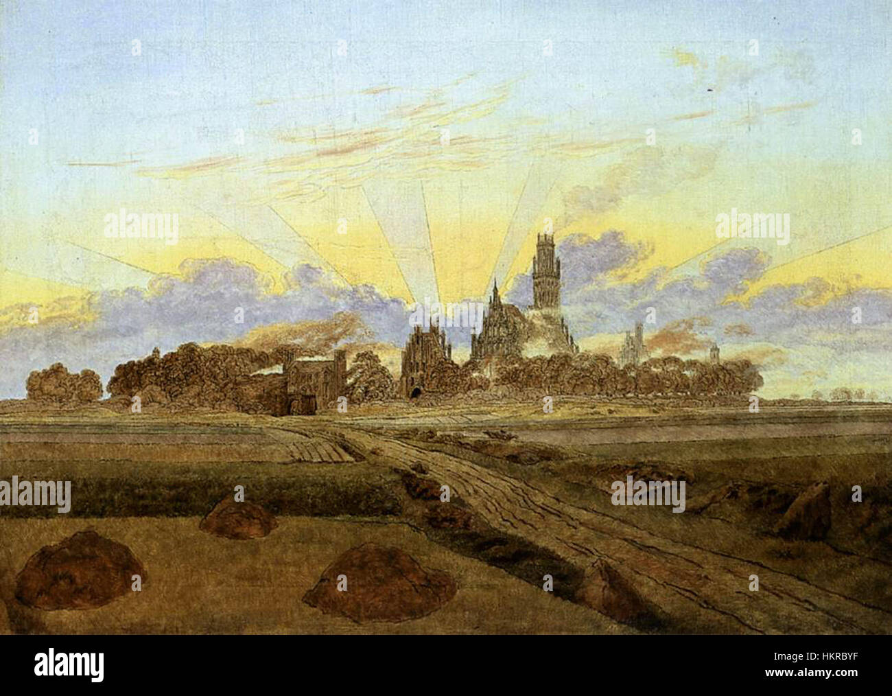 « Neubrandenburg in Flames » de Caspar David Friedrich capture un lever de soleil spectaculaire sur la ville de Neubrandenburg. La peinture met l'accent sur le romantisme, dépeignant l'intensité émotionnelle du monde naturel sur fond de feu et de lumière. Banque D'Images