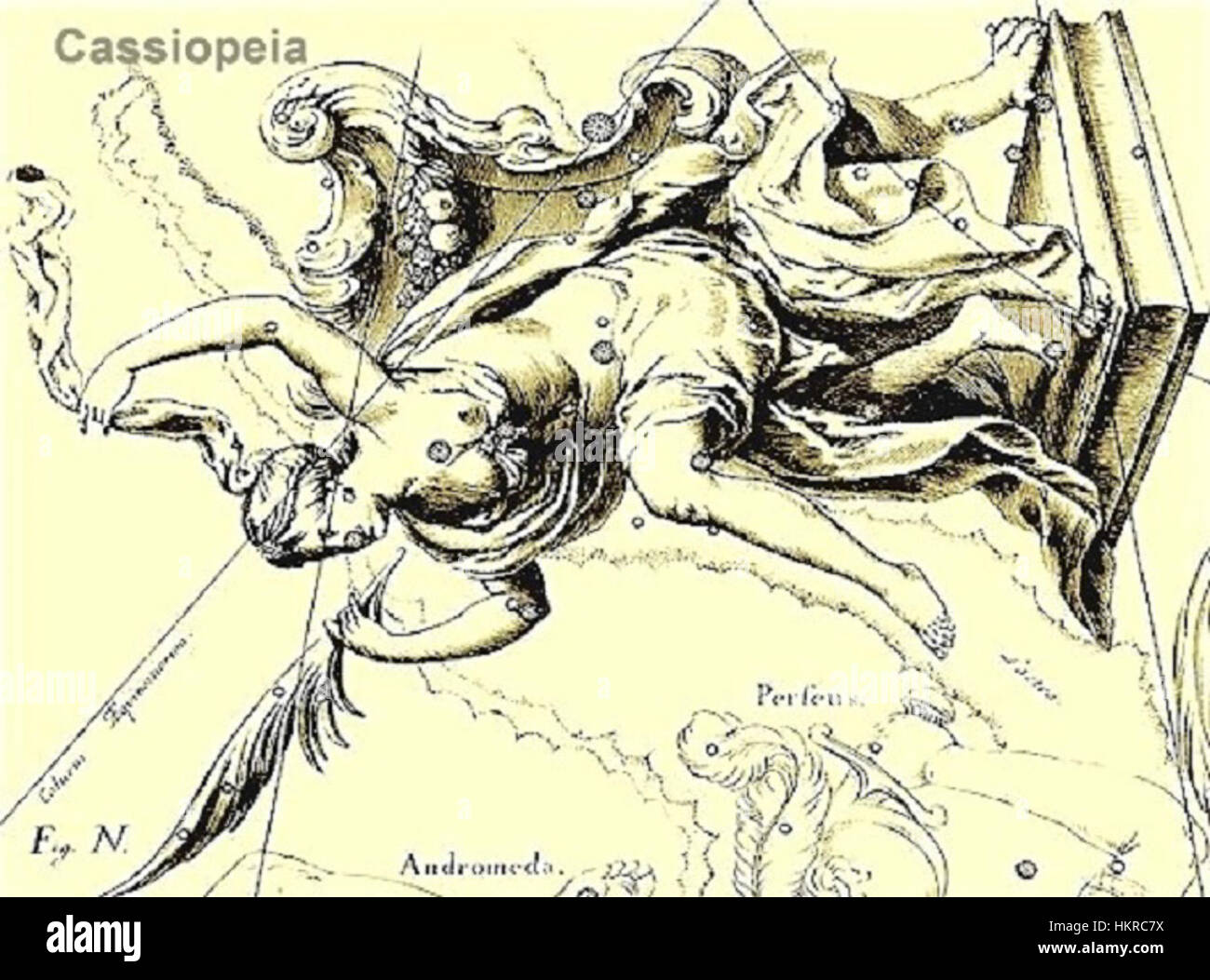 Une représentation de la constellation de Cassiopée, une œuvre d'art dépeignant la formation d'étoiles dans le ciel du nord. La pièce souligne la signification mythologique et astronomique de la constellation. Banque D'Images