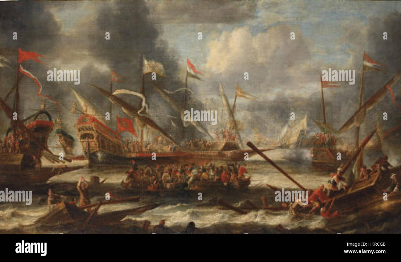 Cette peinture du XVIIe siècle de Catharina Peeters représente une bataille navale de 1652, possiblement liée aux guerres anglo-néerlandaises. Peeters était connue pour ses scènes maritimes, capturant l'intensité de la guerre maritime avec des compositions dynamiques. Banque D'Images