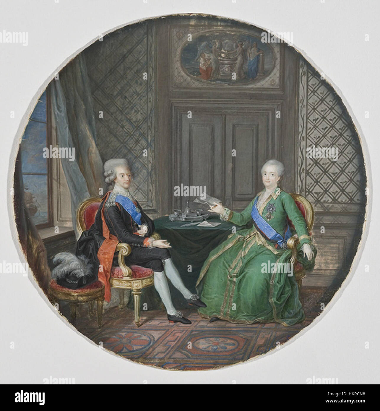 Cette œuvre représente les personnages historiques importants, Catherine II de Russie et Gustave III de Suède, deux monarques qui ont joué un rôle central dans la politique européenne du XVIIIe siècle. Le portrait illustre leur stature royale et leur relation diplomatique. Banque D'Images