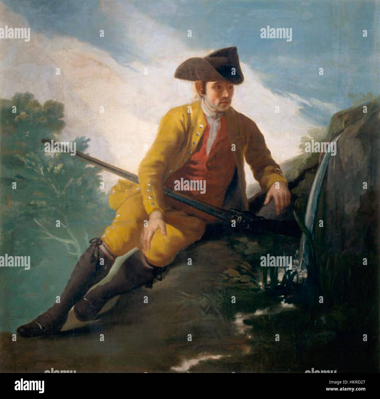 Cette peinture, intitulée « Cazador Junto a una fuente », représente un chasseur debout à côté d'une fontaine, une représentation de la nature et de l'interaction humaine. L'utilisation par l'artiste de couleurs vives et de composition dynamique reflète l'action et la tranquillité de la scène. Banque D'Images