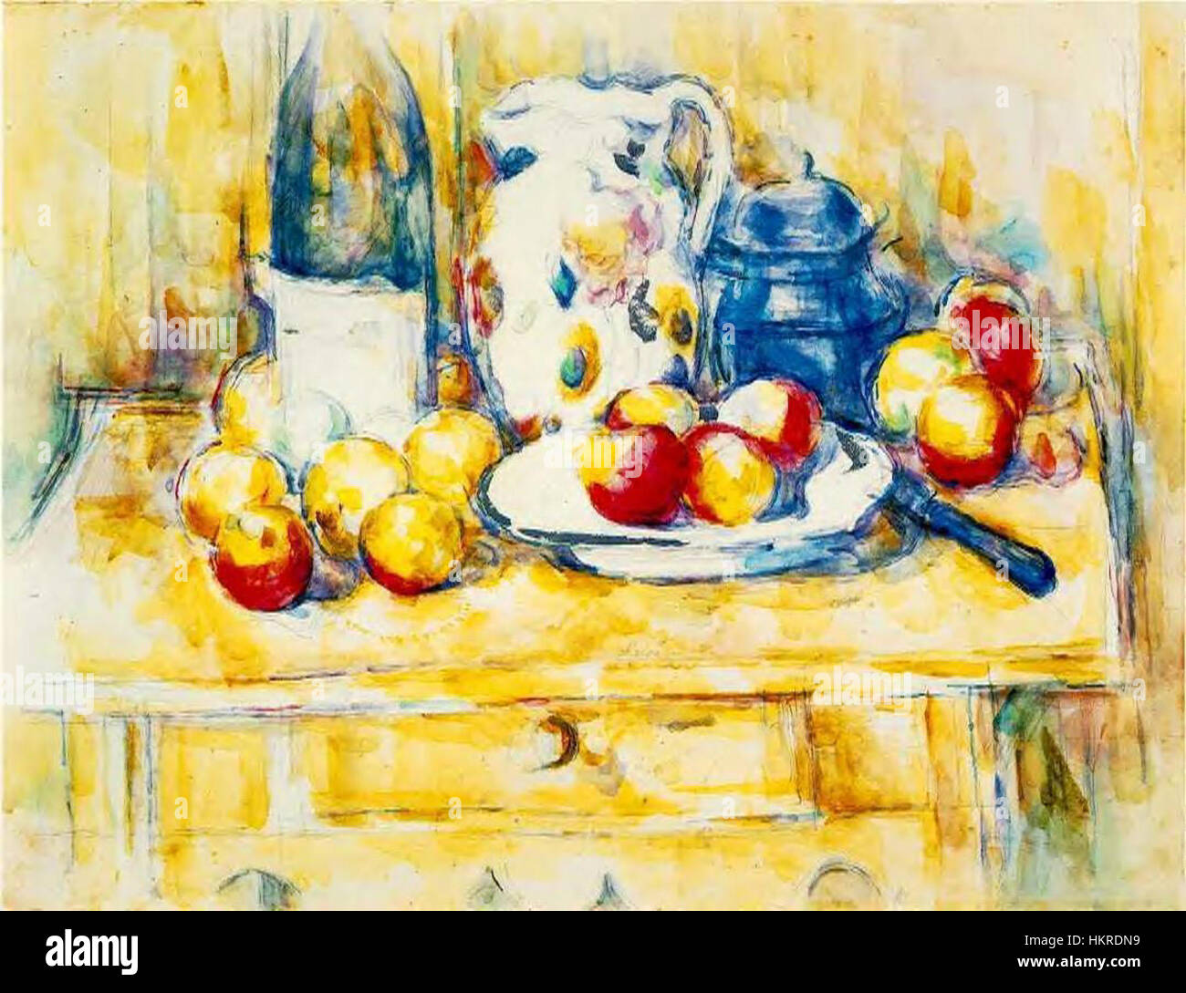 *La nature morte de Cézanne avec des pommes, une bouteille et un pot de lait* est une pièce emblématique de l'artiste français Paul Cézanne, démontrant sa maîtrise de la composition et de la couleur. L'arrangement de natures mortes se concentre sur les objets du quotidien, leur présentant un sentiment d'équilibre et d'harmonie. Cette peinture illustre l'approche novatrice de Cézanne en matière de forme et de texture, influençant le développement de la moderne intégrée Banque D'Images