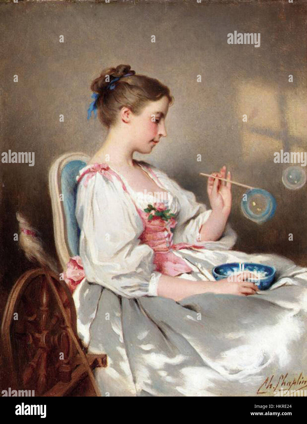 Cette peinture met en scène Charlie Chaplin, l'emblématique star du cinéma muet, représenté des bulles soufflantes. L’œuvre capture l’essence du style comique de Chaplin et de ses contributions à l’industrie cinématographique au début du XXe siècle. Banque D'Images