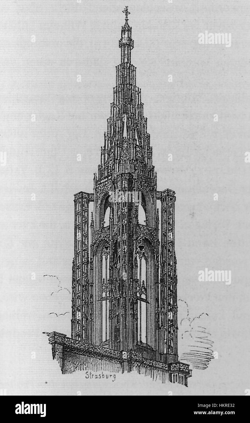 Une œuvre d'art représentant la troisième tour de la cathédrale de Strasbourg, mettant en valeur ses détails architecturaux complexes et son importance historique à Strasbourg, France. Banque D'Images