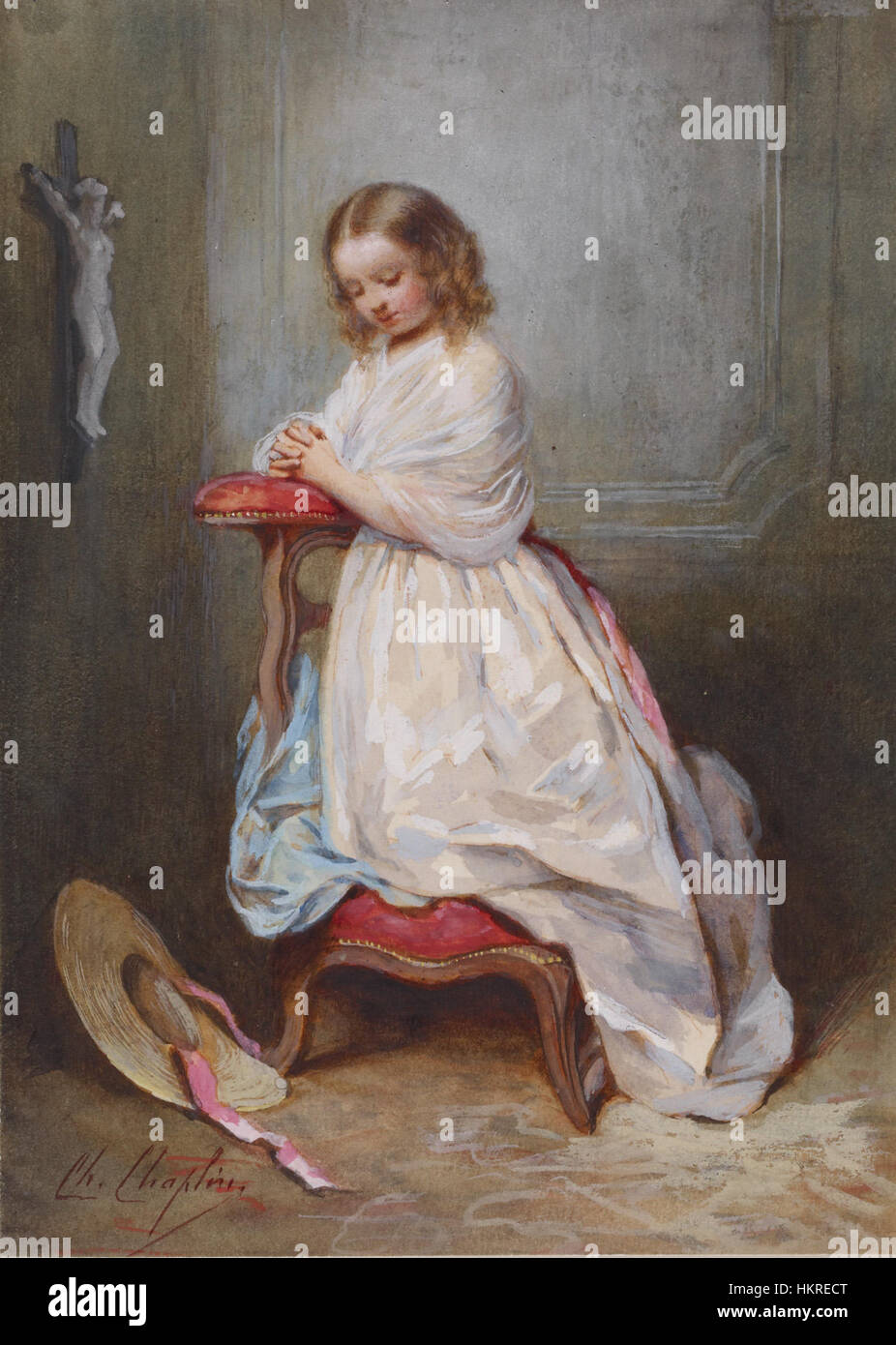 Cette peinture présente une scène inspirée par *The Kid* de Charlie Chaplin, avec la fille dans une robe blanche comme figure centrale. L'œuvre capture l'innocence et la vulnérabilité du personnage dans un moment cinématographique. Banque D'Images