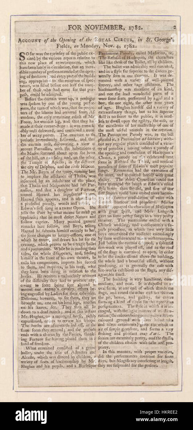 Un document historique des bibliothèques Bodleian détaillant l'ouverture du cirque royal dans les champs de George le 4 novembre 1782. Le récit offre un aperçu des divertissements et des événements culturels de la fin du XVIIIe siècle. Banque D'Images