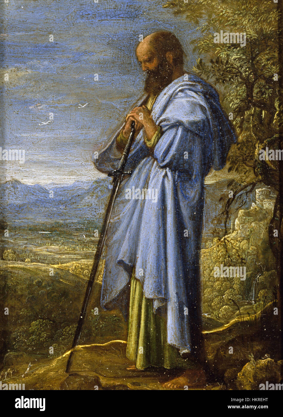 La peinture d’Adam Elsheimer représentant Saint Paul représente l’apôtre dans une scène dramatique. L'utilisation de la lumière et de l'ombre reflète l'intensité émotionnelle du voyage et de la mission de Saint Paul, illustrant son rôle dans la propagation du christianisme. Banque D'Images