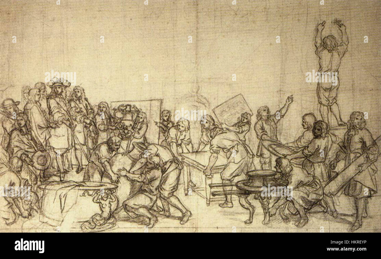 *Louis XIV visite de l’usine des Gobelins* de Charles le Brun dépeint la visite du roi de France au célèbre atelier de tapisserie, mettant en évidence le patronage royal des arts et de l’artisanat en France du XVIIe siècle. Banque D'Images