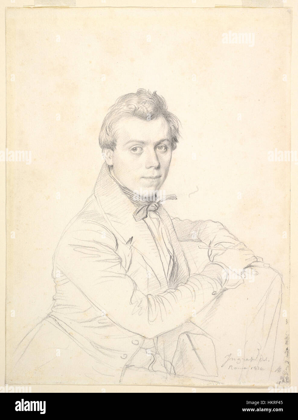 Ce dessin de Charles Victor Famin, attribué à Jean-Auguste-Dominique Ingres, met en valeur la précision et l'élégance caractéristiques du style Ingres. Connue pour son travail au trait détaillé, cette œuvre souligne la forme gracieuse de son sujet, un élément clé dans le portrait néoclassique. Banque D'Images