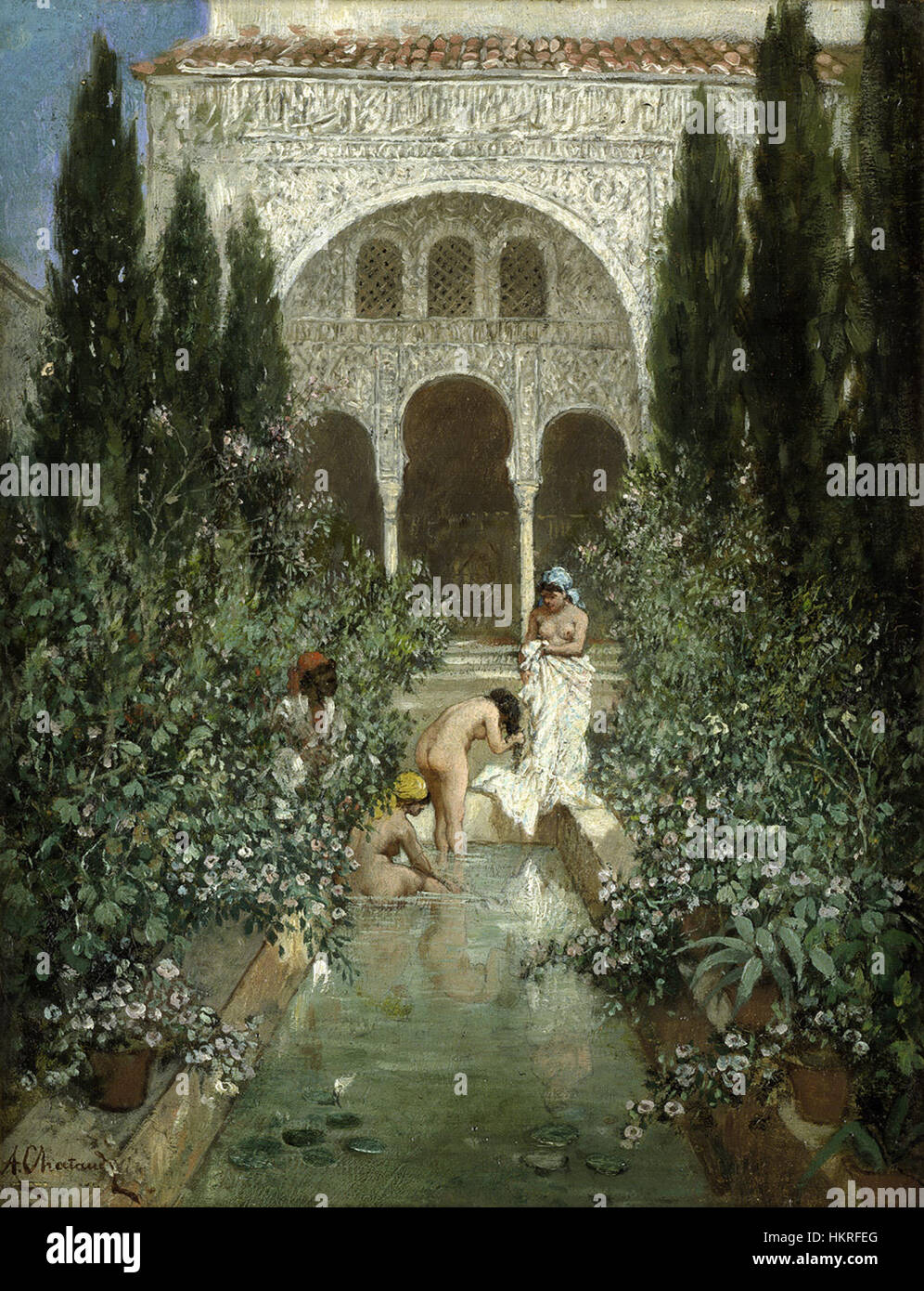 Drei badende Frauen im Gartens eines Serail de Chataud représente trois femmes qui se baignent dans un jardin exotique, dans une atmosphère sereine et orientale. La peinture à l'huile met en évidence les traits délicats et la composition harmonieuse de la scène, invoquant des thèmes de beauté et de tranquillité. Banque D'Images