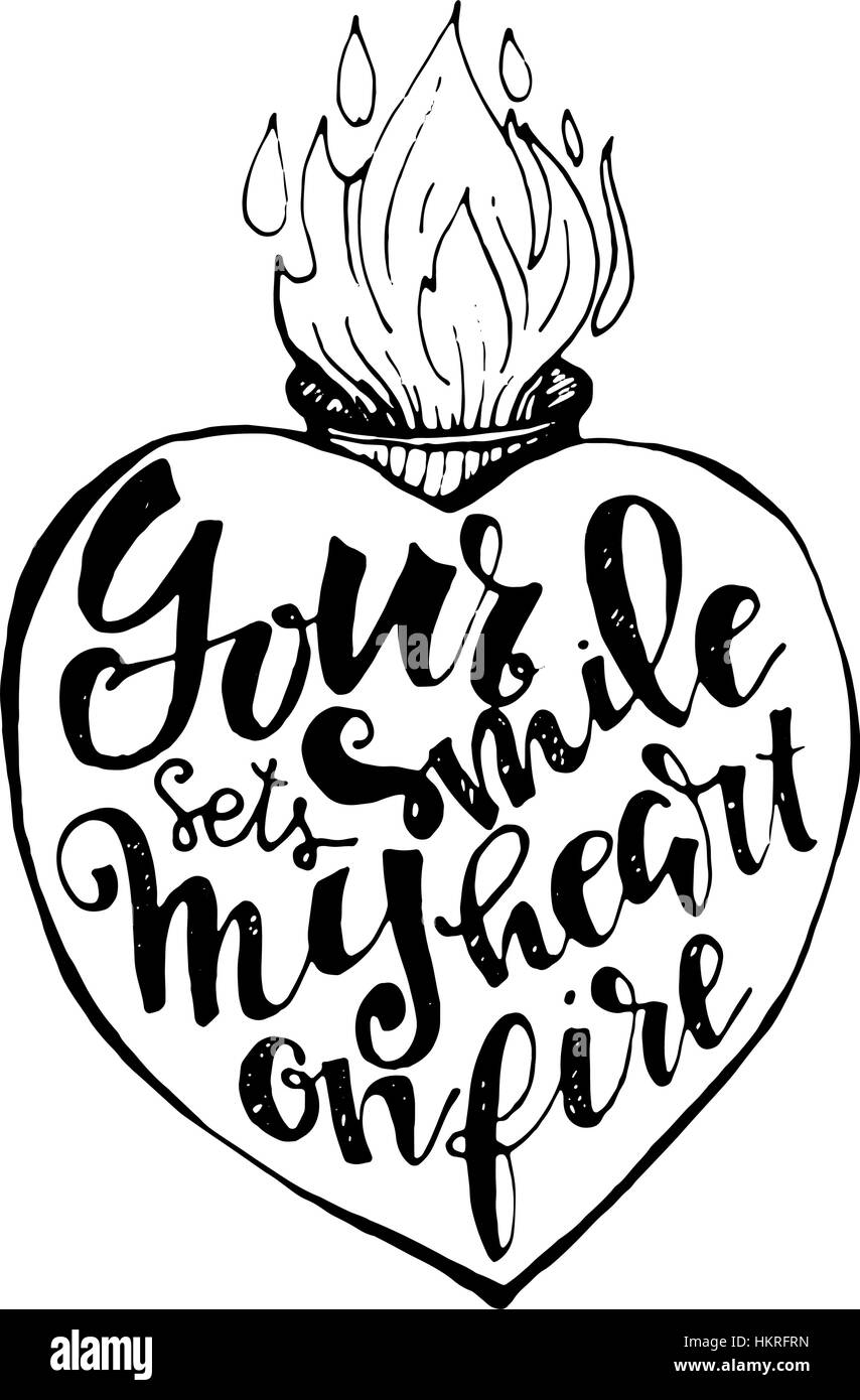 Vector Handdrawn diy doodle illustration de coeur rempli de lettres. 'Votre sourire définit mon coeur en feu". Modèle de carte de vœux, bannière, package Illustration de Vecteur